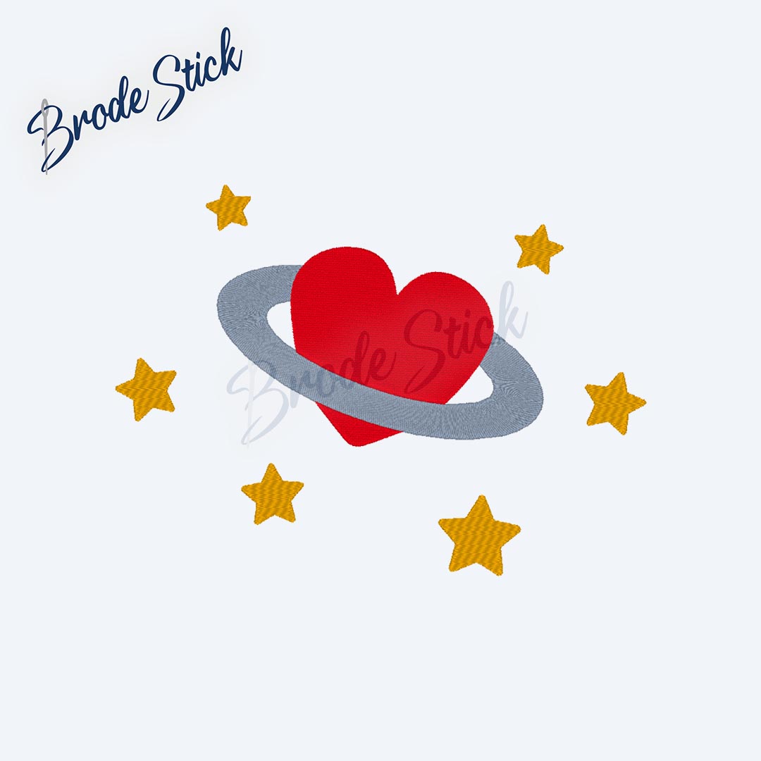 Design original d'un cœur planète entouré d'étoiles filantes.