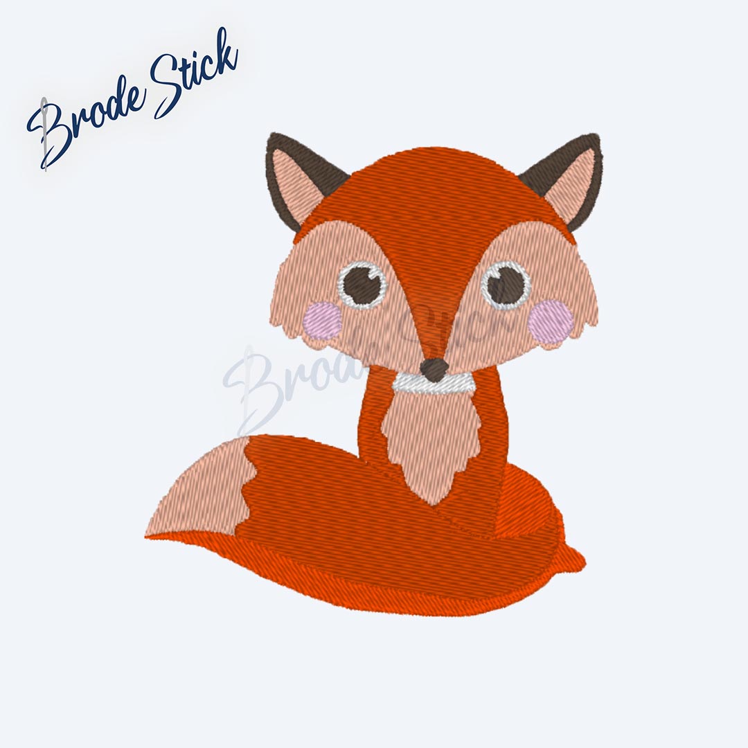 Petit renard roux assis au style illustration jeunesse.