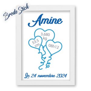 Cadre naissance personnalisé vinyle bleu motif ballons coeurs garçon