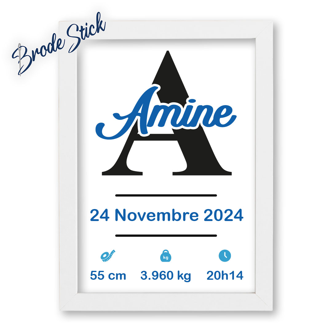 Cadre prénom naissance personnalisé vinyle bleu motif grande initiale garçon