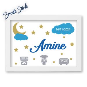 Décoration de naissance personnalisée vinyle bleu motif lune et étoiles garçon