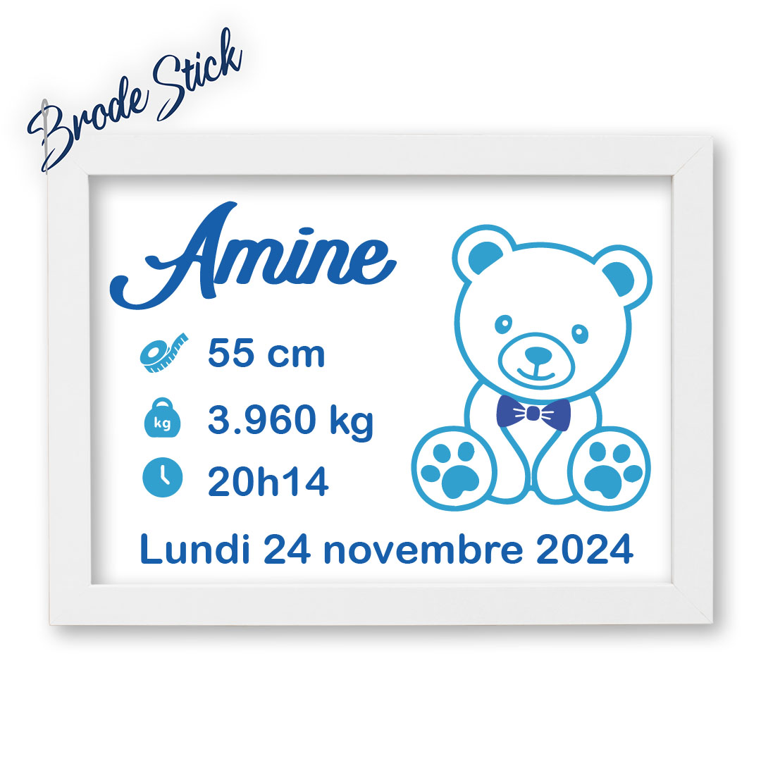 Tableau de naissance personnalisé vinyle bleu motif ourson garçon